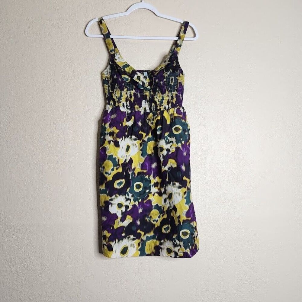 Maeve A-Line Dress Women's Yellow Purple Tie-Dye Small  Silk Ruffle Neck Smocked